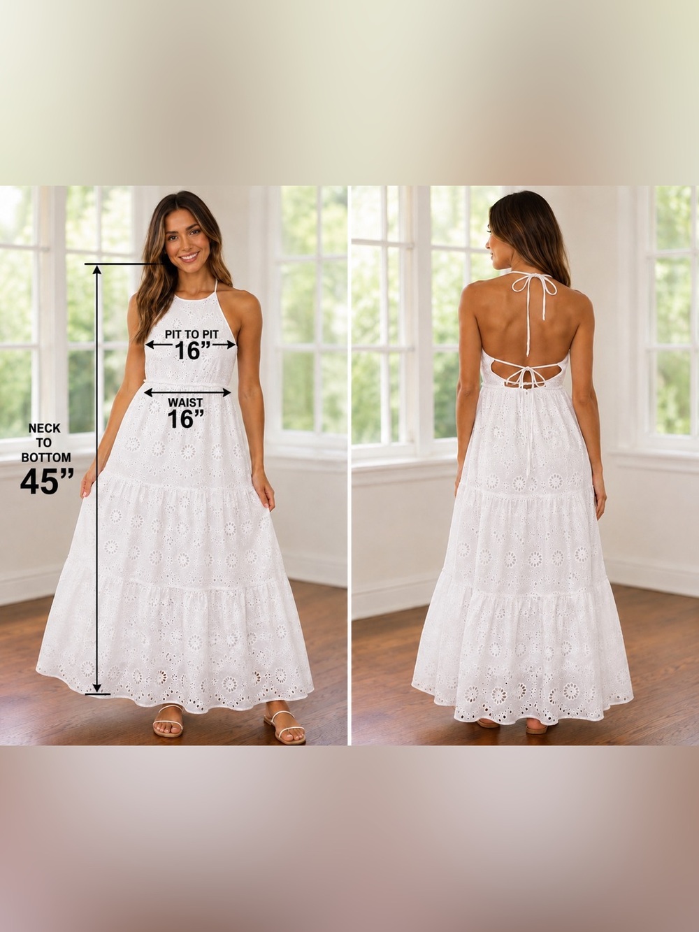 Time and Tru Boho Open Back Tiered White Eyelet Halter Backless Maxi/Midi Dress - Picture 2 of 9
